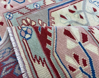 4x5 Beige Pink Green Red Vintage Turkish Area Rug, Hand-Knotted Anatolian Wool Rug, Boho Living Room, Bedroom, Entryway Decor, 4.5x4.6 ft