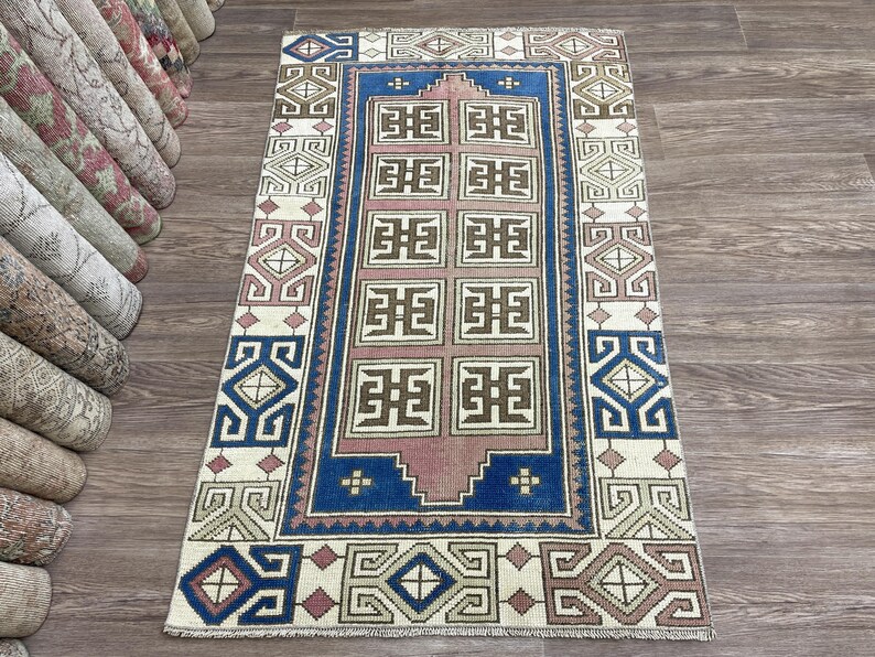 3x5 Pink Blue Vintage Turkish Rug, 3x5 Small Oushak Rug, Handmade Wool