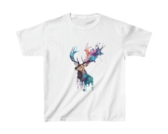 Mystical Deer Splash Kids Tee : Une rencontre magique à l’aquarelle pour les jeunes cœurs | Cadeau de Noël pour les amoureux des animaux | Envoi gratuit dans le monde entier