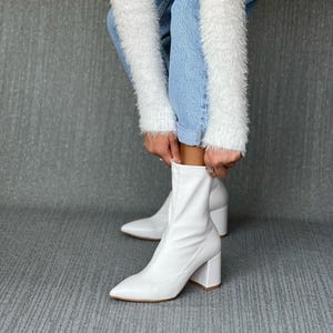 White Faux Leather Ankle Boots: Handmade Bridal Block Heel