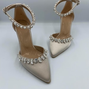 Elegant Satin Bridal Shoes with Rhinestone Ankle Strap, Pointed Toe High Heels, Comfortable Wedding Shoes for Brides and Special Occasions