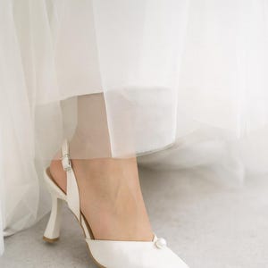 Ivory Satin Bridal Shoes – Pearl Slingback Heels, Pointed Toe Wedding Pumps