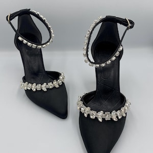 Black Satin Bridal Shoes: Rhinestone Ankle Strap High Heels