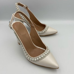 Pearl Bridal Shoes - Faux Leather Pointed Toe Slingback Heels for Wedding, Engagement & Graduation (EU 35-40)