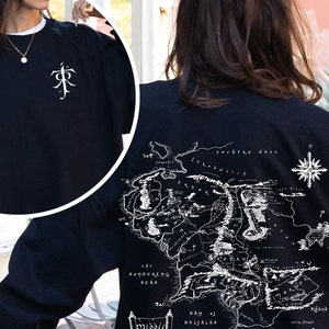 Sudadera con el mapa de la Tierra Media de J. R. R. Tolkien, con diseño de bolsillo y mapa de El Señor de los Anillos en la espalda. Suéter de merchandising de El Hobbit.