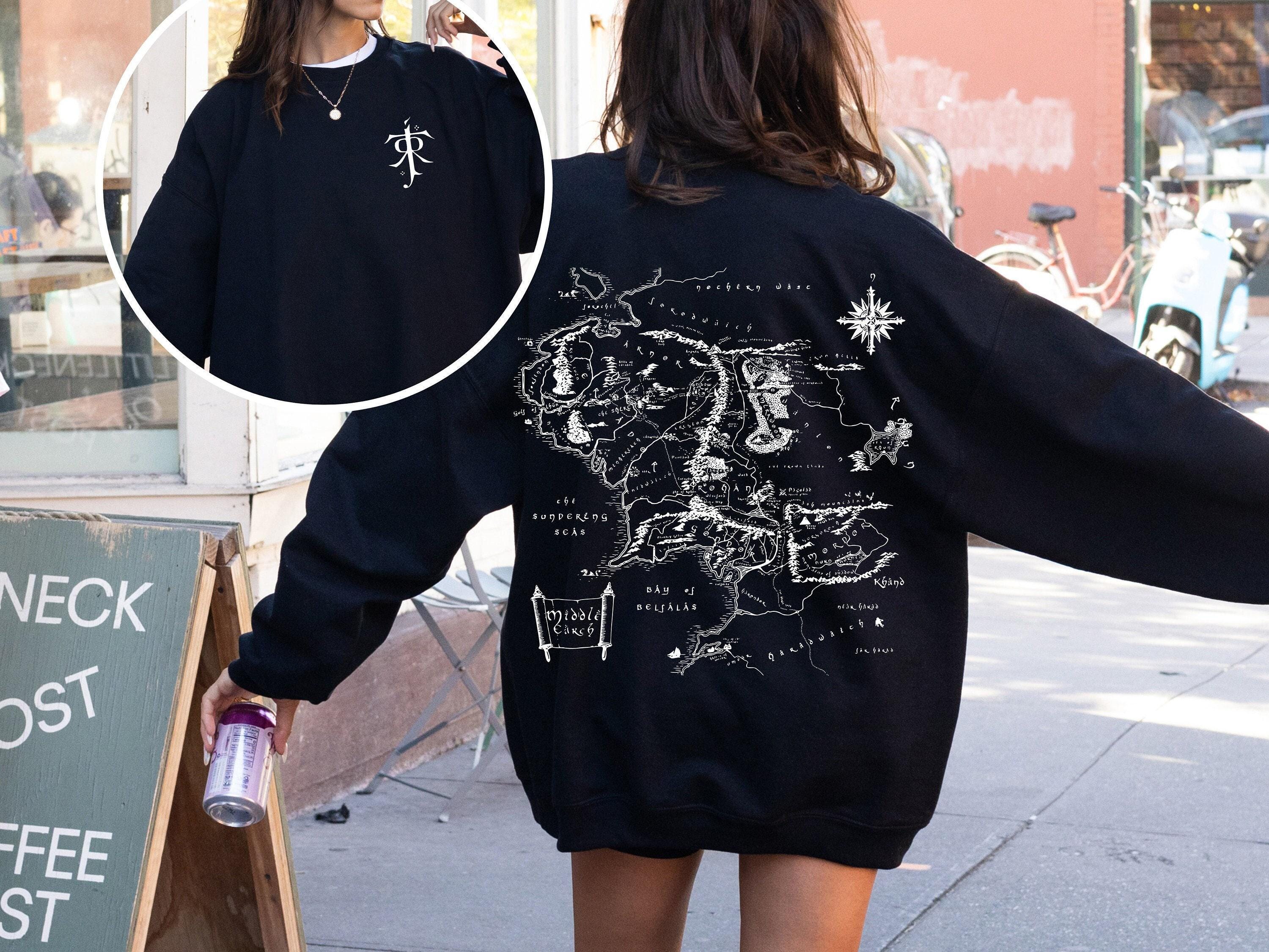 JRR Tolkien LOTR Middle Earth map Sweatshirt "pocket design" Lord of the Rings map on back, The Hobbit merch sweater