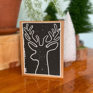 Carte-cadeau faite main, impression linogravure, impression linogravure cerf, carte de remerciement, fête des mères, carte de fête des pères, noir et blanc, impression d'art animalier
