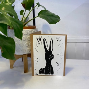 Tarjeta de regalo hecha a mano, impresión en linóleo, impresión de conejo, tarjeta de agradecimiento, Día de la Madre, Tarjeta del Día del Padre, Blanco y negro, Impresión animal artística