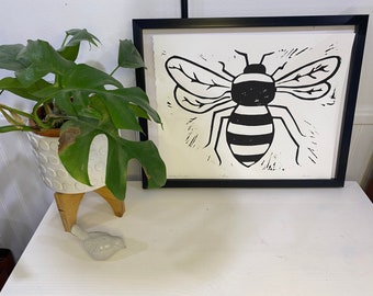 Linocut Print, Bee Print, Lino Print, Bee Linocut Print, Handmade Art, Bee Print, Bug Print, Black Ink, Original Print, Animal Print