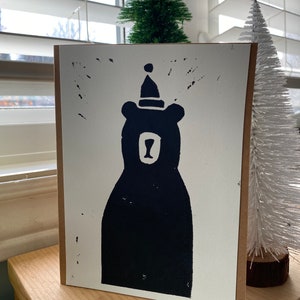Handgemaakte cadeaubon, linosnede, wenskaart, beer linosnede, bedankkaart, Moederdag, Vaderdagkaart, kunst dierenprint