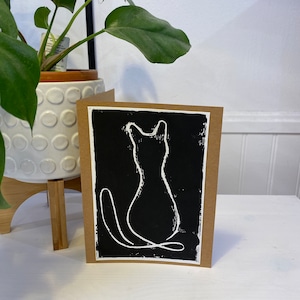Carte-cadeau faite main, impression linogravure, impression linogravure chat, carte de remerciement, fête des mères, carte de fête des pères, noir et blanc, impression d'art animalier