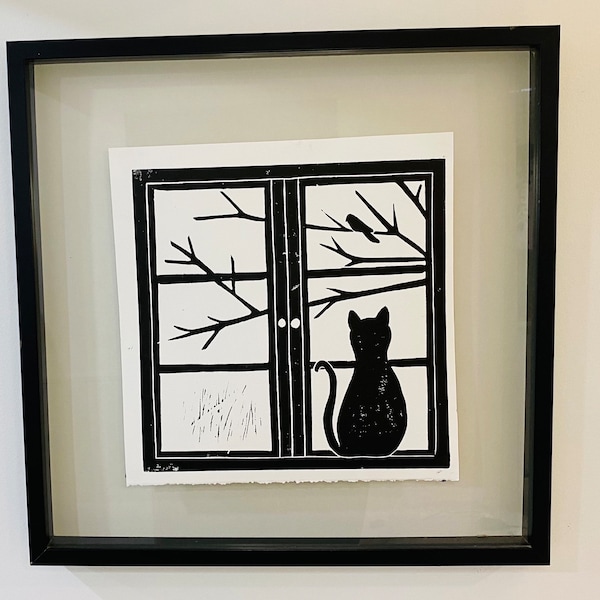 Linocut Print, Cat Art, Cat Linocut Print, Lino Print, Gift Idea, Handmade Art, Black and White, Cat and Window, Cat and Bird, Home Decor