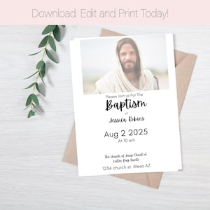May include: White invitation card with a photo of a person in a white robe. The text reads "Please Join us For The Baptism of Jessica Robins Aug 2 2025 At 10 am". The card is on a brown envelope.