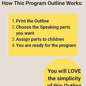 Puede incluir: Un gr&aacute;fico informativo beige con texto negro que dice How This Program Outline Works: 1. Print the Outline 2. Choose the Speaking parts you want 3. Assign parts to children 4. You are ready for the program. Un c&iacute;rculo amarillo dice You will LOVE the simplicity of this Outline.