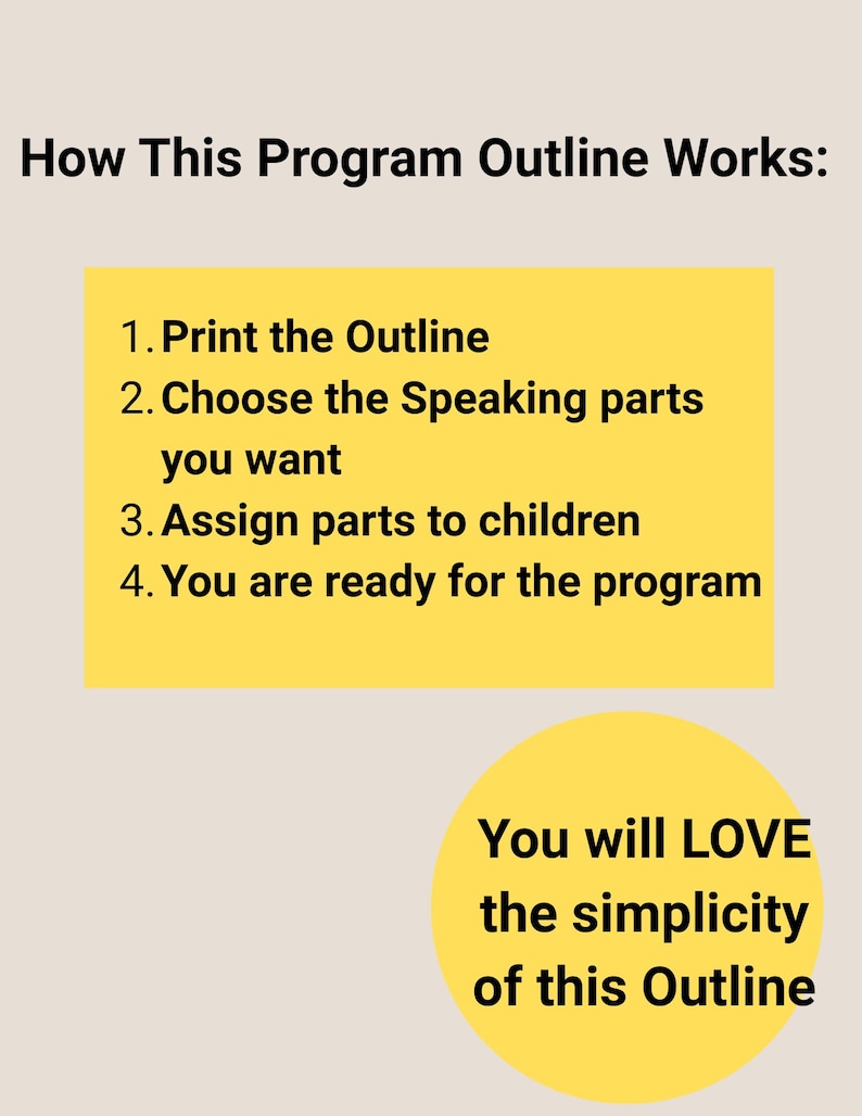 Puede incluir: Un gr&aacute;fico informativo beige con texto negro que dice How This Program Outline Works: 1. Print the Outline 2. Choose the Speaking parts you want 3. Assign parts to children 4. You are ready for the program. Un c&iacute;rculo amarillo dice You will LOVE the simplicity of this Outline.