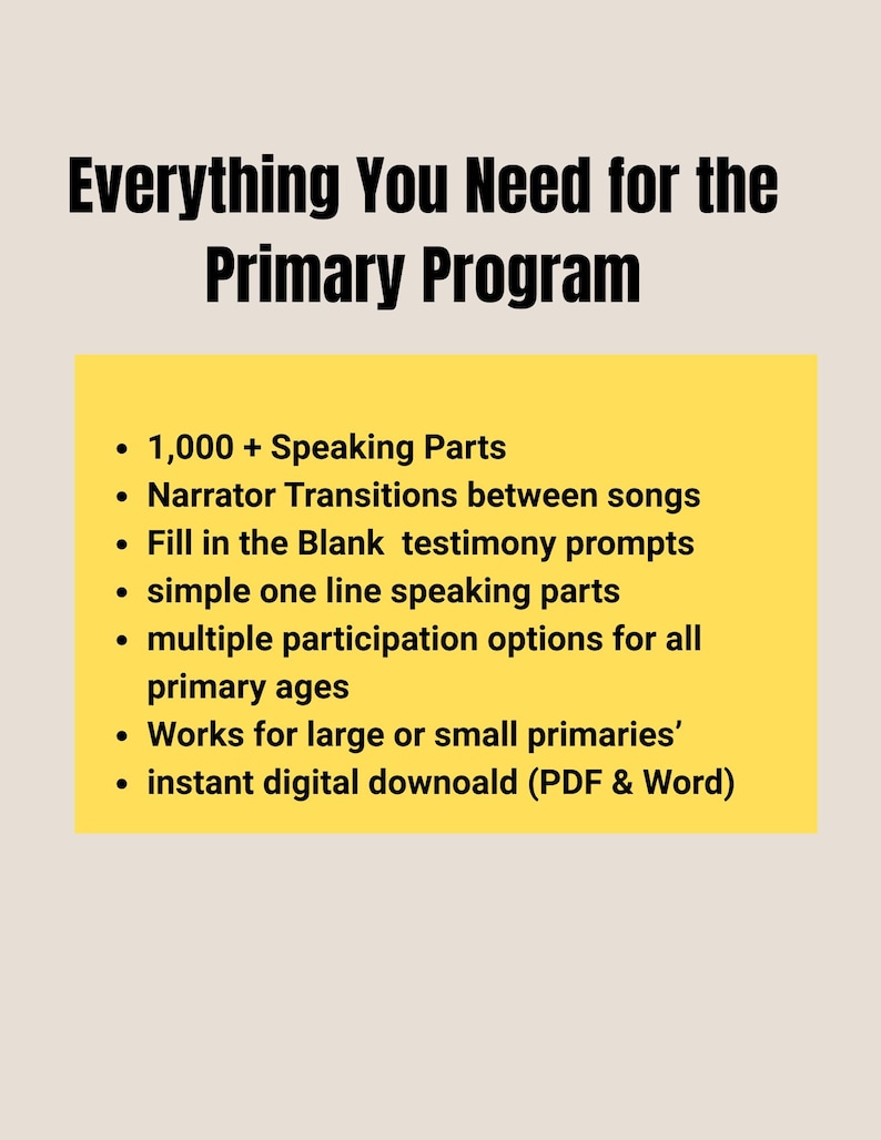K&ouml;nnte beinhalten: Eine digitale Ressource mit dem Titel &bdquo;Everything You Need for the Primary Program&ldquo; mit gelbem Hintergrund. Der Text listet Funktionen wie Sprechteile, Erz&auml;hler&uuml;berg&auml;nge und Zeugnisaufforderungen auf.