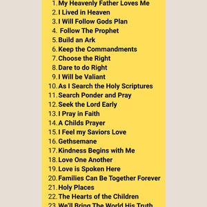 Puede incluir: Un letrero rectangular amarillo con texto negro titulado Songs Included, que enumera veinticinco t&iacute;tulos de canciones numerados que comienzan con My Heavenly Father Loves Me y terminan con I Need Thee Every Hour, en una fuente negra sin remates.