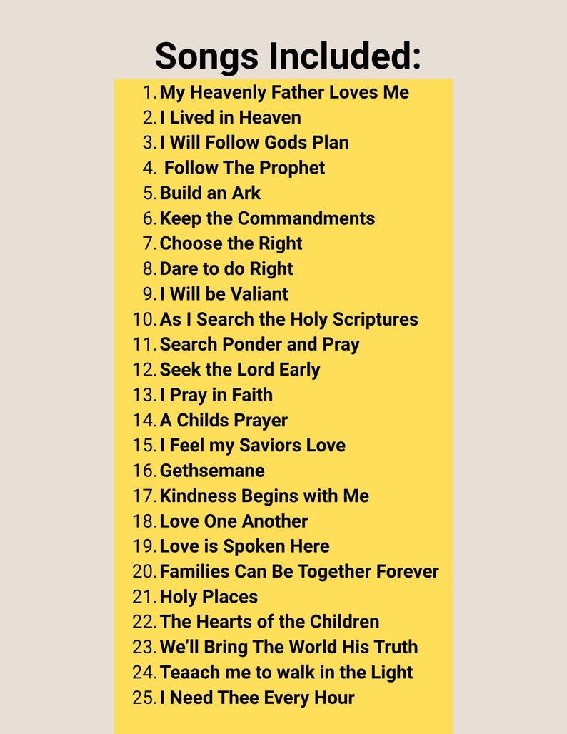 Puede incluir: Un letrero rectangular amarillo con texto negro titulado Songs Included, que enumera veinticinco t&iacute;tulos de canciones numerados que comienzan con My Heavenly Father Loves Me y terminan con I Need Thee Every Hour, en una fuente negra sin remates.