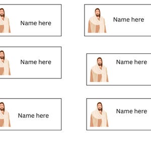 May include: Six rectangular labels arranged in two columns, each featuring a stylized illustration of a bearded figure with long brown hair wearing a tan robe and white shawl, accompanied by the black printed text Name here on the right side.