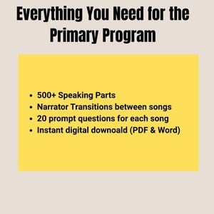 Puede incluir: Un documento digital titulado Everything You Need for the Primary Program. Enumera m&aacute;s de 500 partes habladas, transiciones de narrador entre canciones, 20 preguntas de apoyo para cada canci&oacute;n y descarga digital instant&aacute;nea en PDF y Word.