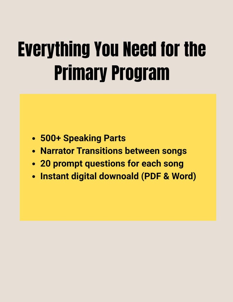 Puede incluir: Un documento digital titulado Everything You Need for the Primary Program. Enumera m&aacute;s de 500 partes habladas, transiciones de narrador entre canciones, 20 preguntas de apoyo para cada canci&oacute;n y descarga digital instant&aacute;nea en PDF y Word.