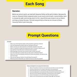 Puede incluir: Un documento con tres secciones con encabezados amarillos etiquetados como Transition/Narrator part before Each Song, Prompt Questions, y una lista de diez preguntas dise&ntilde;adas para fomentar testimonios cortos, todo impreso en negro sobre papel blanco.
