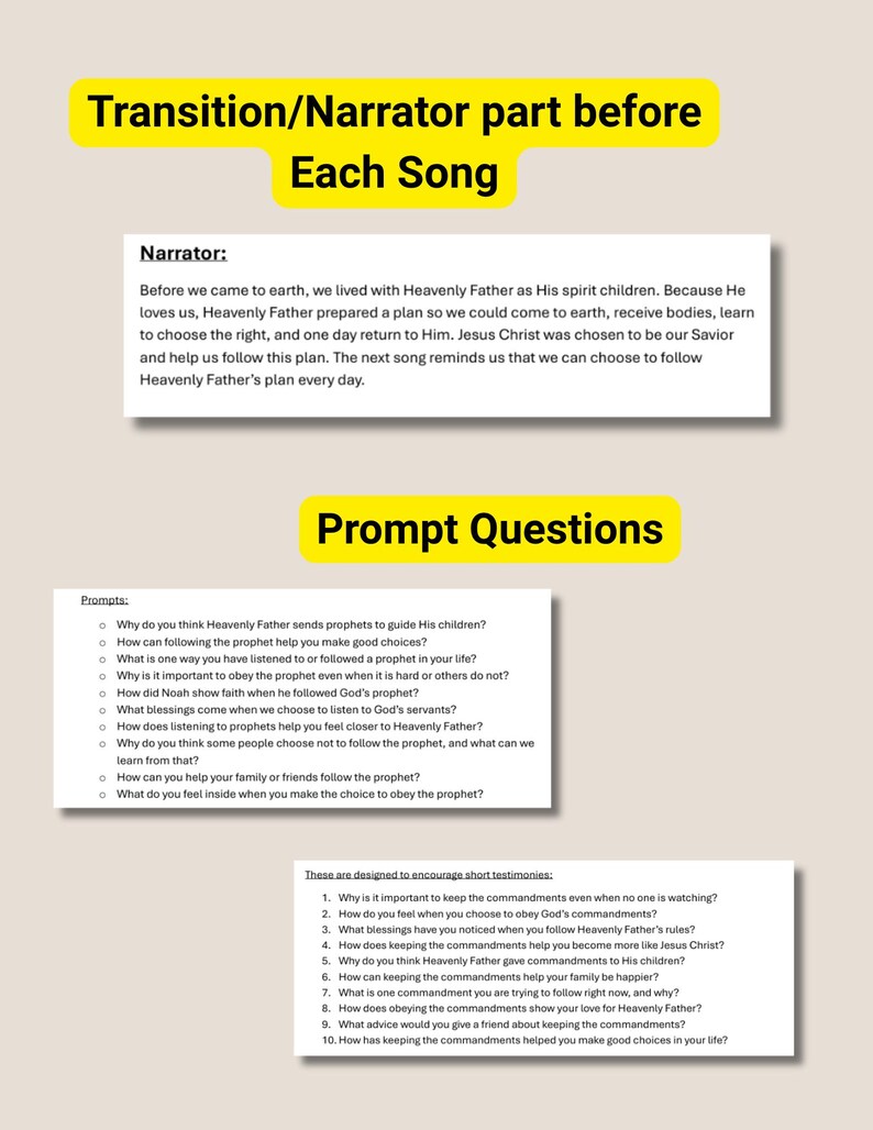 Puede incluir: Un documento con tres secciones con encabezados amarillos etiquetados como Transition/Narrator part before Each Song, Prompt Questions, y una lista de diez preguntas dise&ntilde;adas para fomentar testimonios cortos, todo impreso en negro sobre papel blanco.