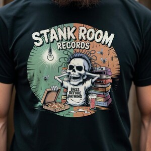 Stank Room Records T-Shirt, Bass Before Bathing Tee, Funny Bass Player Gift, Music T-Shirt, Skeletal Bassist Shirt, Gift for Musician, Band