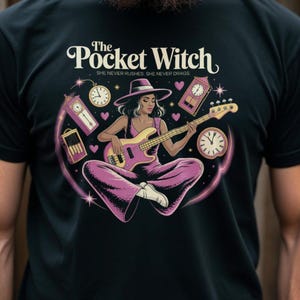 Pocket Witch Bass Player T-Shirt, Funny Witchy Gift, Bass Guitar Tee, Rock and Roll, Vintage Style, Unique Music Shirt, Bassist
