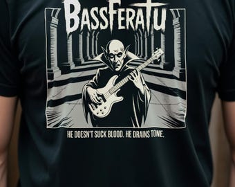 Bassferatu-T-shirt dat de toon afvoert, grappig cadeau basspeler, basgitaar T-shirt, shirt vampier woordspeling, muziekliefhebber aanwezig