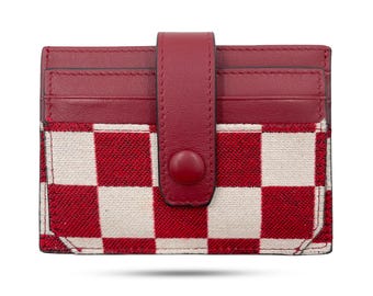 Burgundy Checkered Leather Card Holder Wallet with ID Window