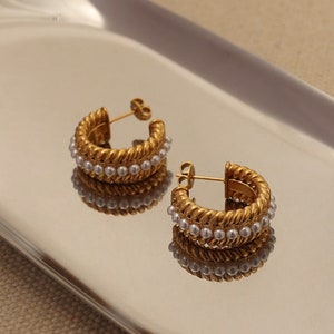 Gold 18K Stainless Steel Pearl C Hoop Earrings for Women/Girls