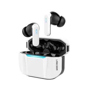 May include: White and black wireless earbuds with a charging case. The earbuds are black with white stems and a blue indicator light. The charging case is white with black accents and the text "LANGSDOM".