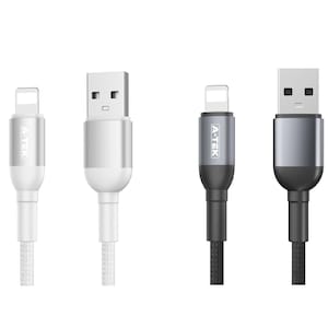 May include: Four charging cables with USB and Lightning connectors. Two are white, and two are black. The Lightning connectors have the text "A-TEK" printed on them. The cables are designed for charging and data transfer.