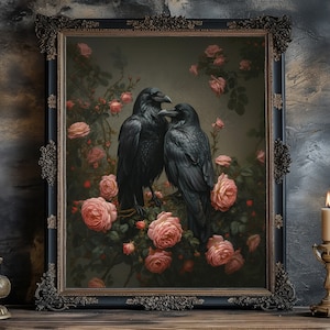 Raven Canvas Print, Crow Art Print, Raven Art, Valentines Gothic Decor, Dark Academia Decor, Romantic Raven Couple, Cottage Core, Crow Bird