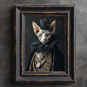 May include: A framed portrait of a Sphynx cat wearing a top hat and a black lace collar. The cat is looking directly at the viewer with a serious expression. The background is a dark gray.