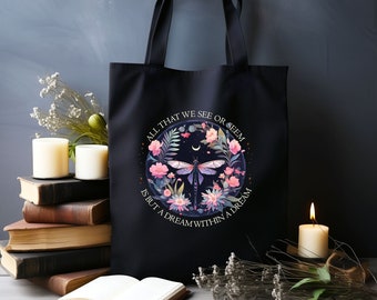 Edgar Allan Poe Tote Bag, Night Garden Tote Bag, Dark Cottagecore Tote Bag, Dark Academia Tote Bag, Gothic Bag