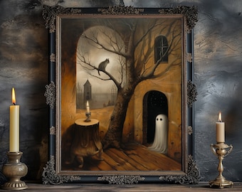 Ghost Painting, Ghost Canvas, Mystical Art, Ghost Art Print, Gothic Painting, Cute Ghost, Spooky Decor, Ghosts, Ghost and Cat