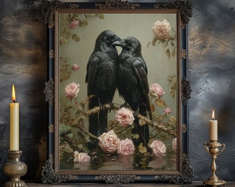 Crow Art Print, Raven Canvas Print, Raven Bird, Gothic Valentine Gift, Raven Couple Artwork, Cottage Core, Dark Academia Ravens, Crow Bird