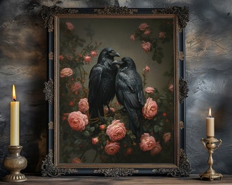 Raven Canvas Print, Crow Art Print, Raven Art, Valentines Gothic Decor, Dark Academia Decor, Romantic Raven Couple, Cottage Core, Crow Bird