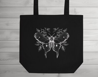 Black Tote Bag, Luna Moth Tote Bag, Moon Moth Tote, Gothic Style Tote Bag, Goth Tote Bag, Moth print dark tote bag, Dark Cottagecore tote