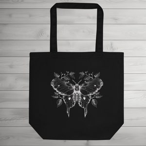 Black Tote Bag, Luna Moth Tote Bag, Moon Moth Tote, Gothic Style Tote Bag, Goth Tote Bag, Moth print dark tote bag, Dark Cottagecore tote