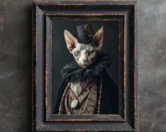 Sphynx-Katzen-Poster, Katze im Gothic-Kleid, viktorianische Katze, Sphynx-Katzen-Kunstwerk, Wohndekoration, Gothic-Kunstwerk, Gothic-Wohnaccessoires, Gothic-Poster