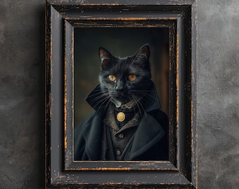 Svart kattaffisch, katt i gotisk klädsel, viktoriansk katt, svart kattkonstverk, heminredning, gotiskt konstverk, gotiska hemaccessoarer, gotisk affisch