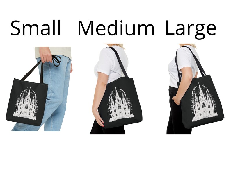 May include: Black tote bag with a white illustration of a gothic cathedral with trees and a crescent moon. The bag is shown in three sizes: small, medium, and large.