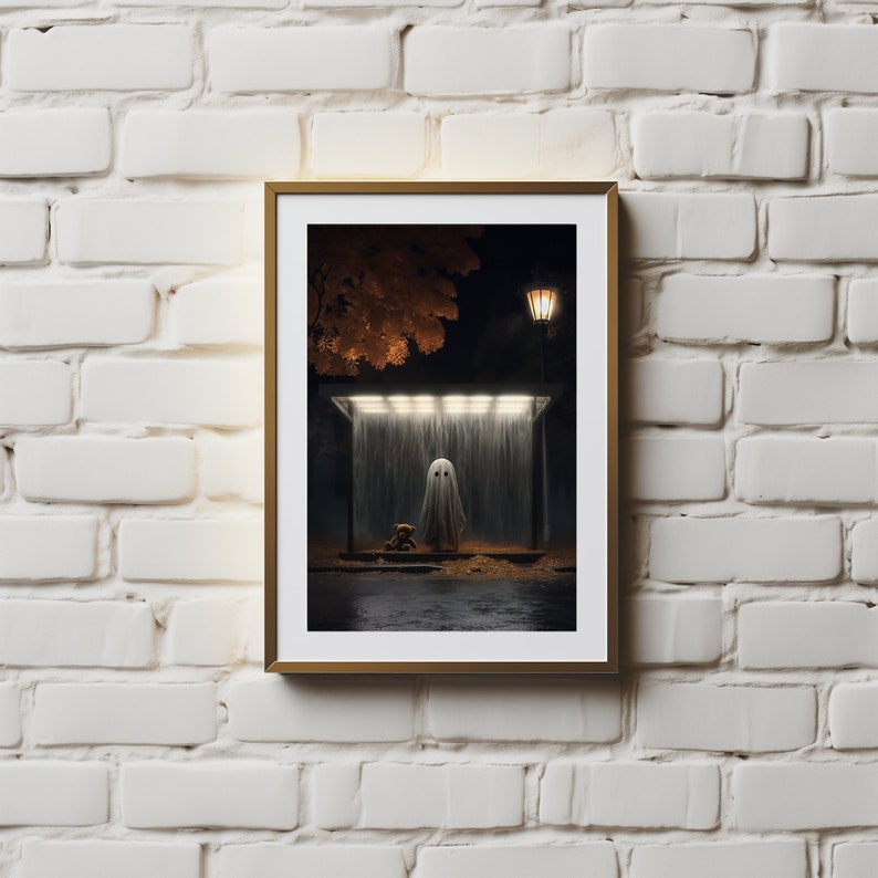 Spökposter, Spöke på busshållplatsen, Söt spökposter, Väggkonst, Gotisk målning, Stämningsfullt spöke, Spökmålning, Spöken bild 4