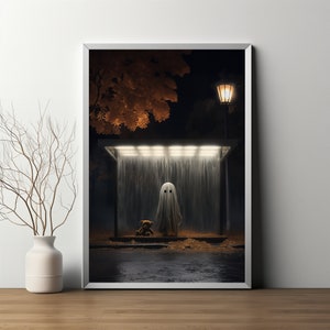 Spökposter, Spöke på busshållplatsen, Söt spökposter, Väggkonst, Gotisk målning, Stämningsfullt spöke, Spökmålning, Spöken bild 2