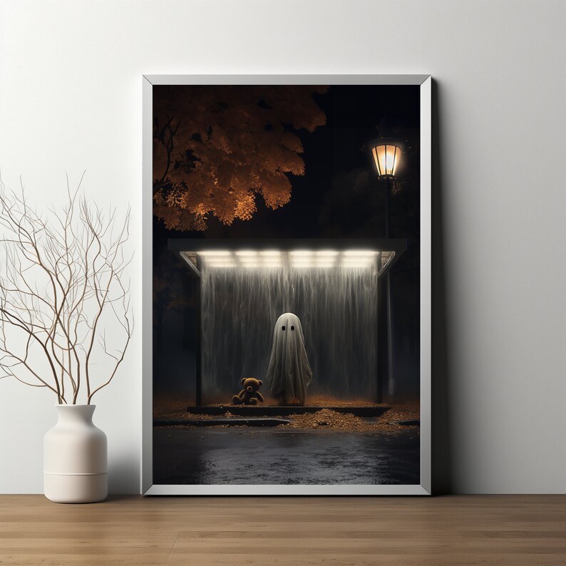 Spökposter, Spöke på busshållplatsen, Söt spökposter, Väggkonst, Gotisk målning, Stämningsfullt spöke, Spökmålning, Spöken bild 2