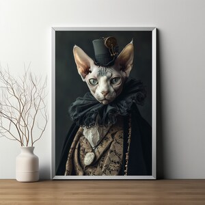 May include: A Sphynx cat wearing a black top hat with a gold embellishment, a black lace collar, and a gold chain necklace. The cat is wearing a brown and gold patterned jacket and a black cape.