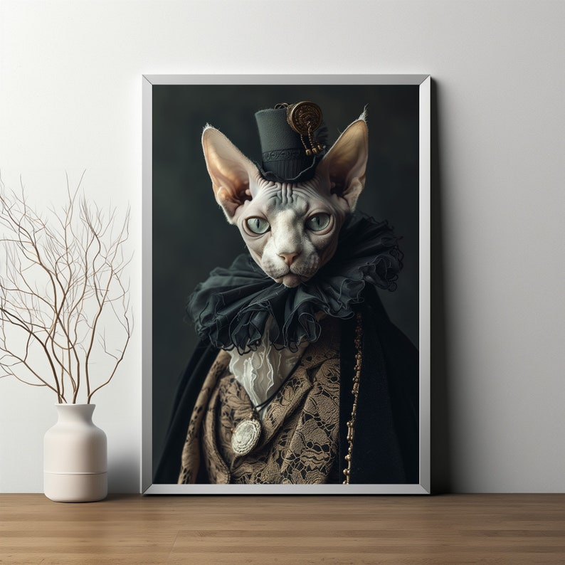 May include: A Sphynx cat wearing a black top hat with a gold embellishment, a black lace collar, and a gold chain necklace. The cat is wearing a brown and gold patterned jacket and a black cape.